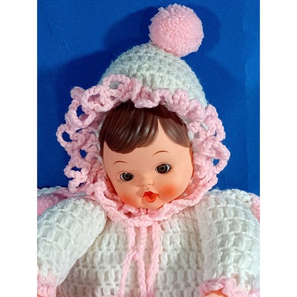 OOAK Vintage 24" Crocheted Knit  Baby Doll Face Drinking Bottle Pillow L… - Picture 4 of 9